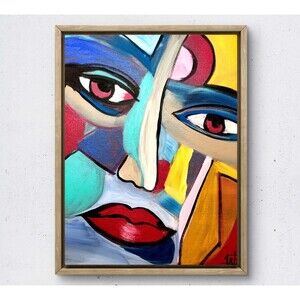 WS original cubist face painting 14X11 canvas acrylic abstract modern wall art